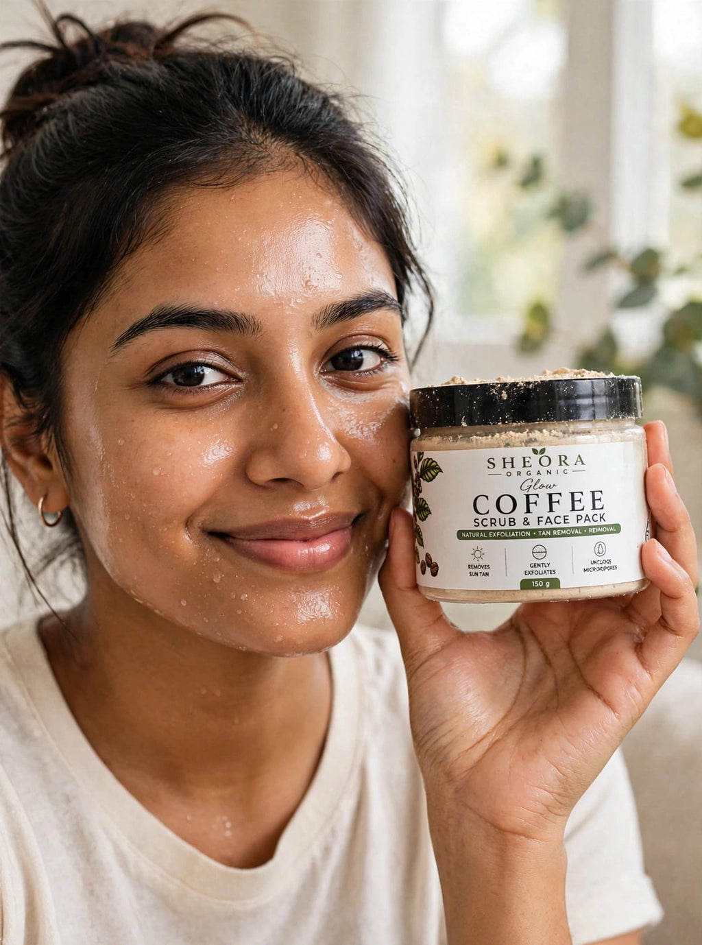 Woman using Sheora Organic Coffee Scrub & Face Pack