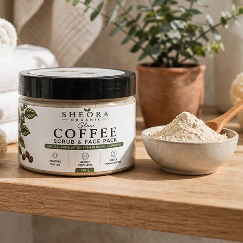 Close-up of Sheora Organic Glow Coffee Scrub & Face Pack 150g jar