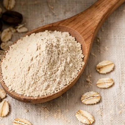 Texture of Sheora Organic coffee scrub powder in a wooden spoon with oats