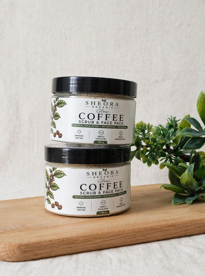 Two jars of Sheora Organic Coffee Scrub & Face Pack